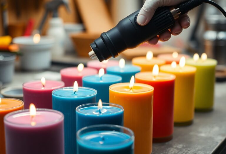Using heat guns to create a smooth finish on top of poured candles.
