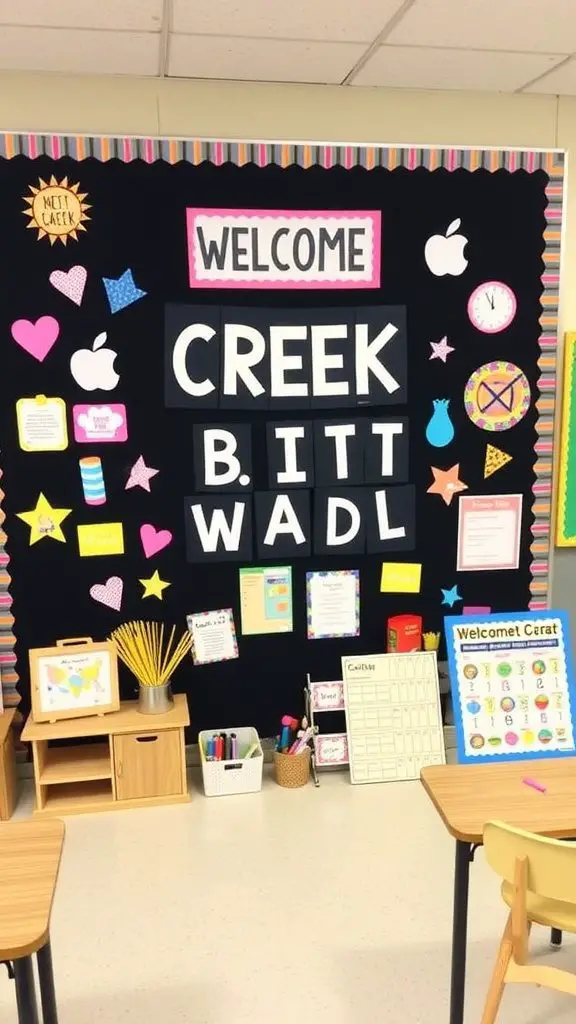 A colorful classroom bulletin board decorated with various shapes and a welcome sign.