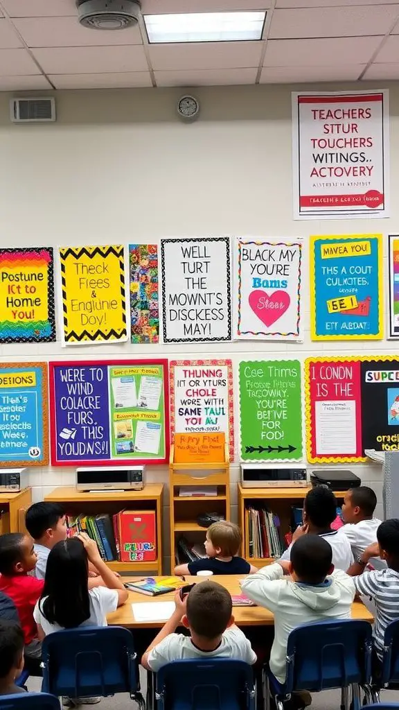 Classroom decorated with colorful educational posters and students in front