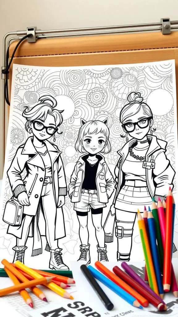 Coloring page featuring three fashionable characters with various outfits and accessories, surrounded by colorful pencils.