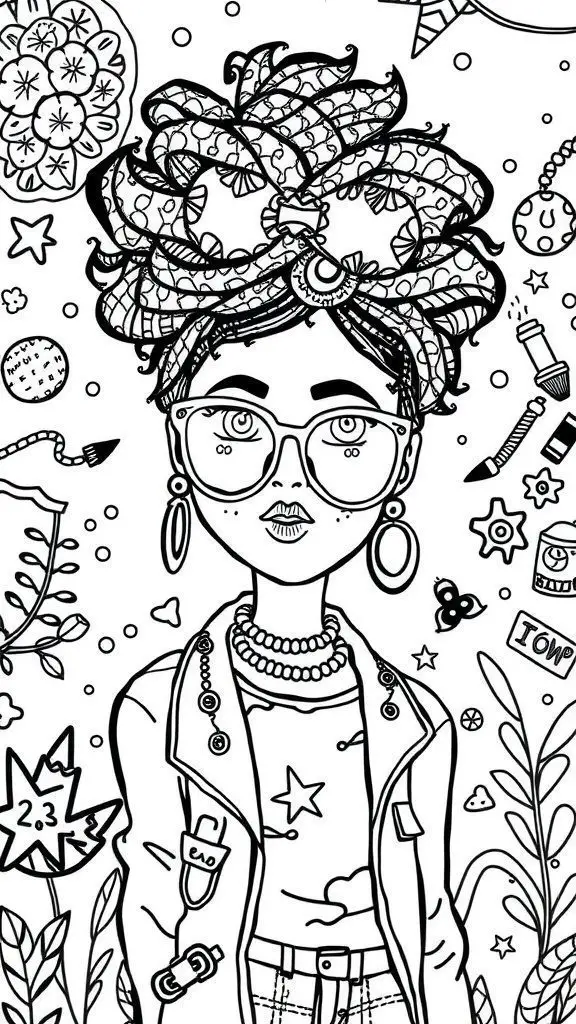 Black and white outline illustration of a stylized character with an afro hairstyle, wearing glasses, surrounded by various doodles.