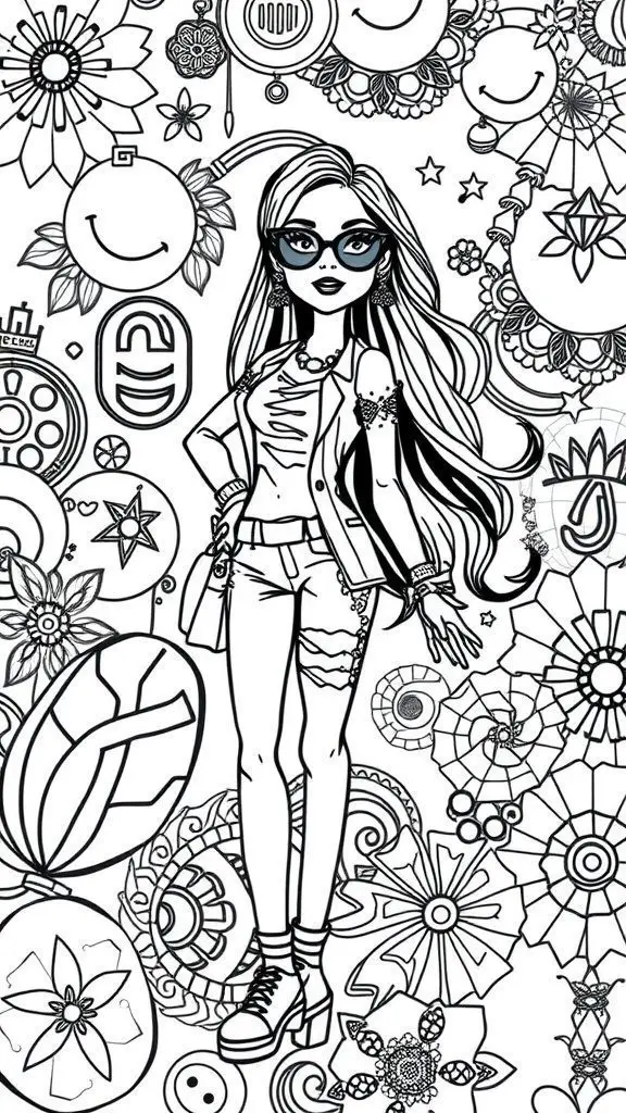 A Baddie coloring page featuring Barbie surrounded by various designs and patterns.