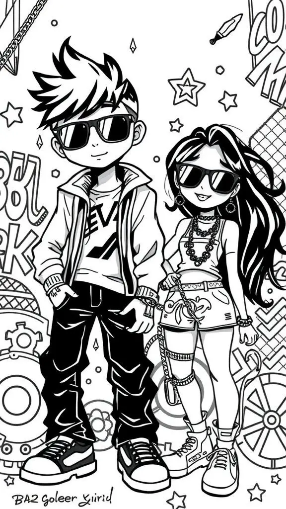A coloring page featuring a stylish boy and girl in sunglasses, surrounded by fun graphics.