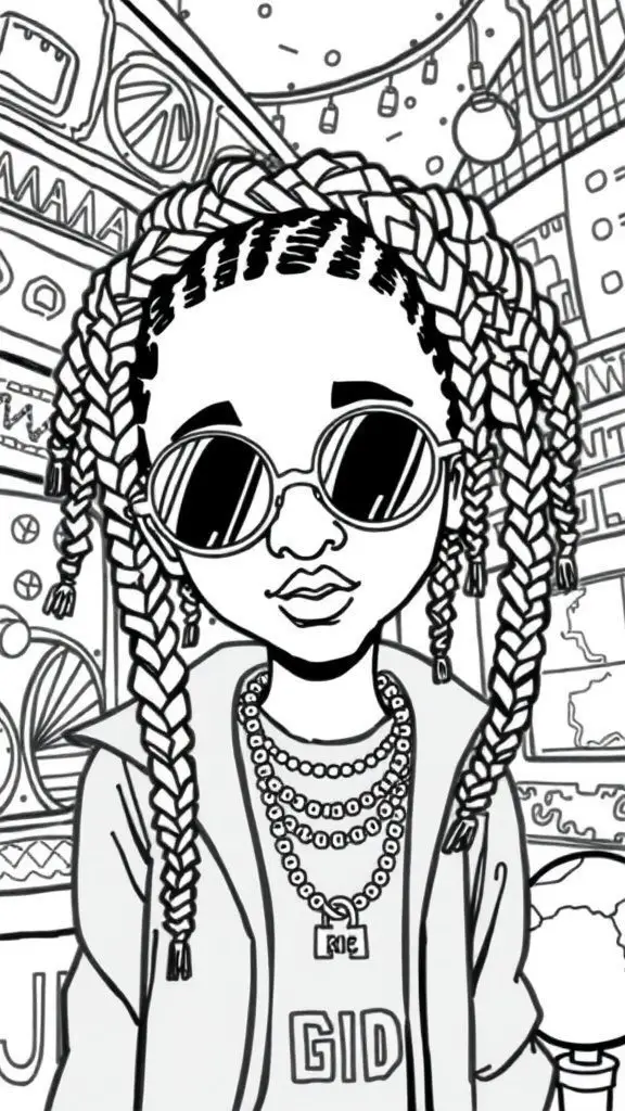 A black and white coloring page featuring a character with braids wearing sunglasses and jewelry.