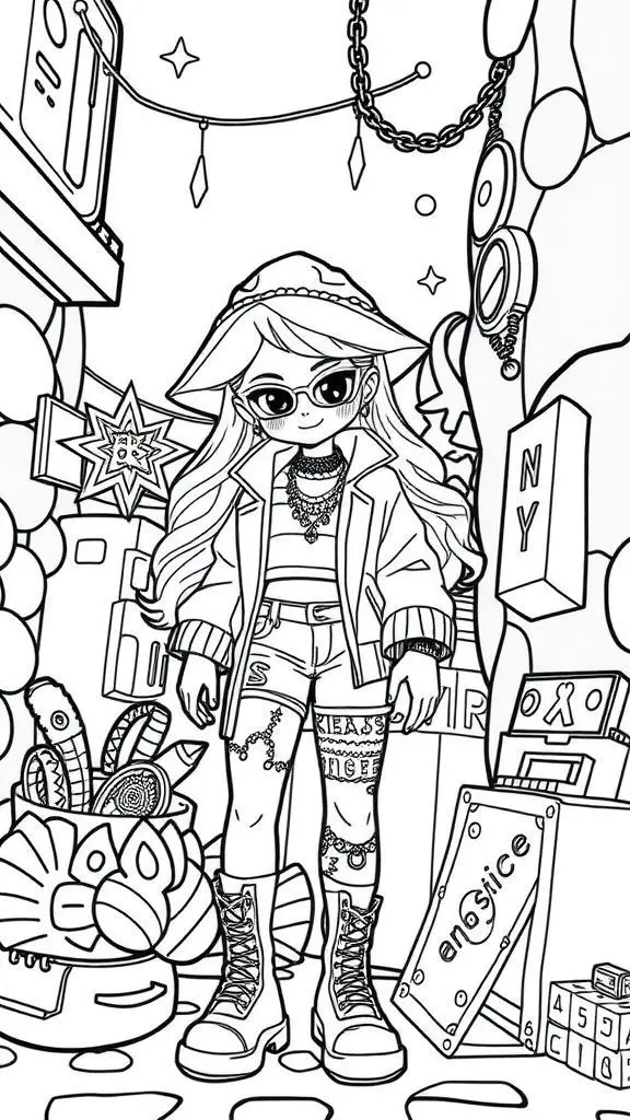 Black and white outline illustration of a fashionable girl in a stylish outfit, surrounded by playful elements.