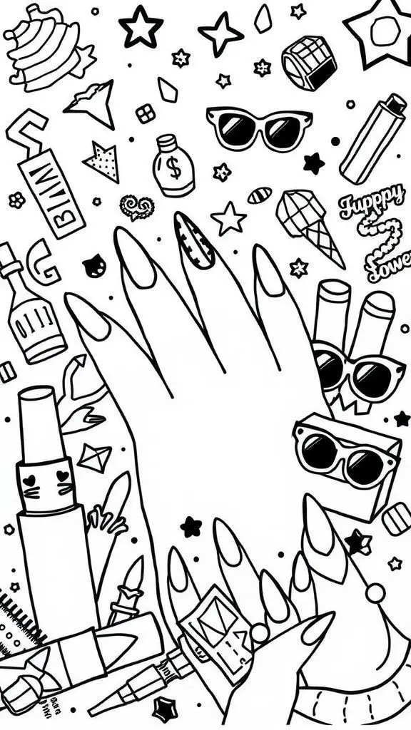Black and white coloring page with stylish nails and fun accessories