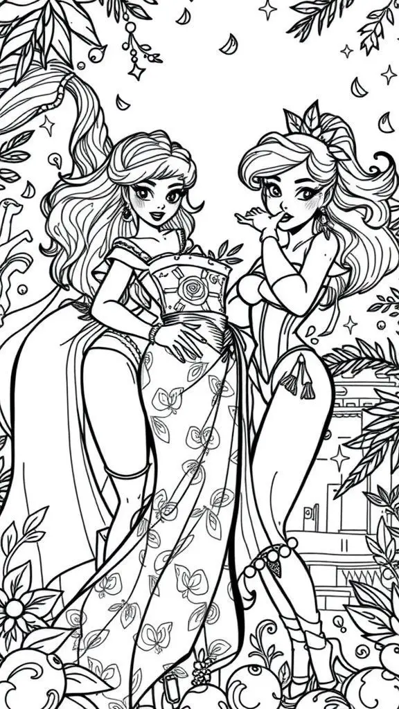 Baddie Disney princesses coloring page featuring two stylish princesses surrounded by floral patterns.