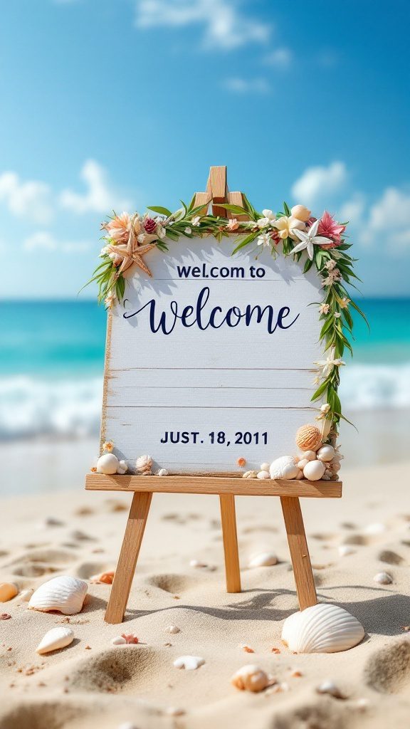 Beach-themed welcome sign decorated with flowers and seashells on a sandy beach.