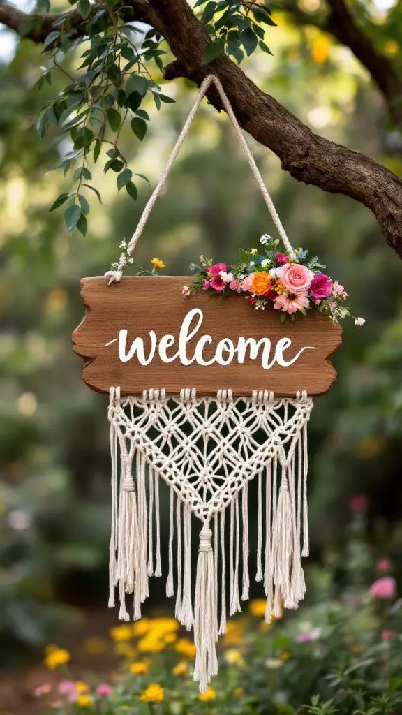 A macramé wedding sign decorated with flowers and a wooden background