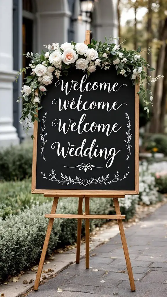 Chalkboard wedding welcome sign adorned with flowers.
