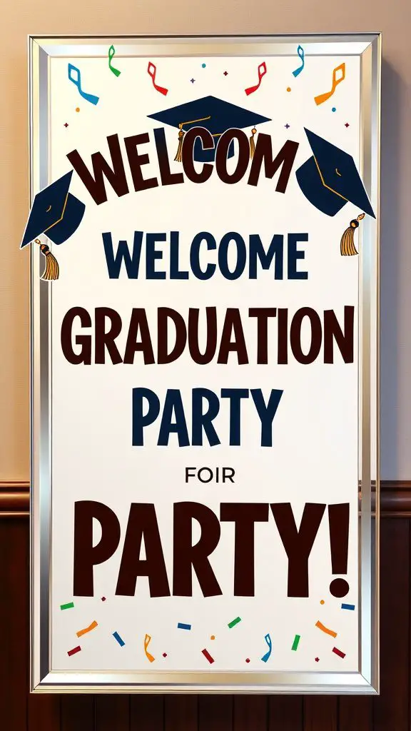 A celebratory mirror welcome sign for a graduation party, featuring bold typography and graduation cap decorations. School colors, confetti, and a proud, joyful vibe. Vertical layout, high resolution, and bright lighting.