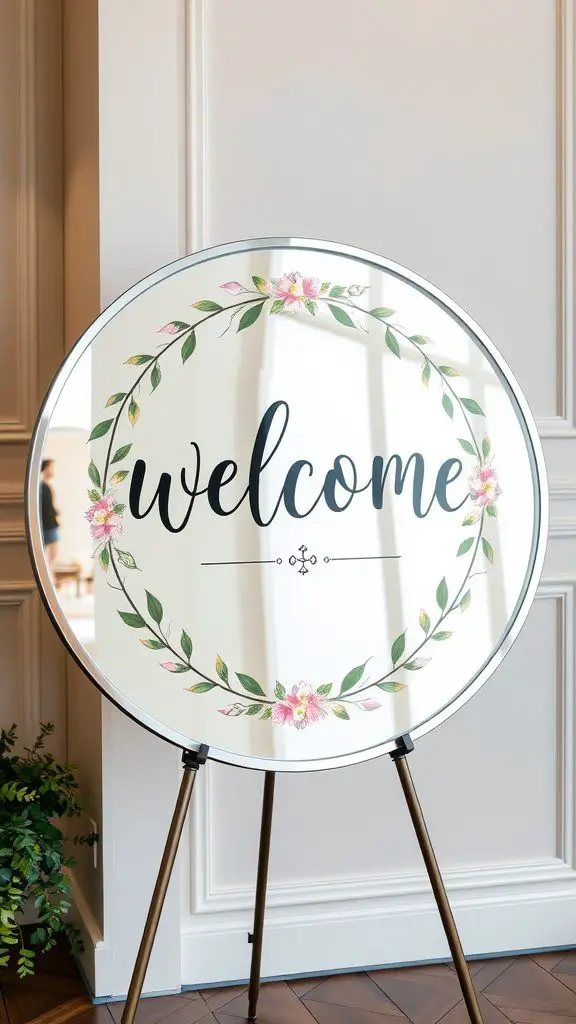 A unique circular mirror welcome sign, featuring bold typography and floral wreath decorations. Perfect for weddings or events, with a modern and elegant design. Vertical layout, high resolution, and soft lighting.