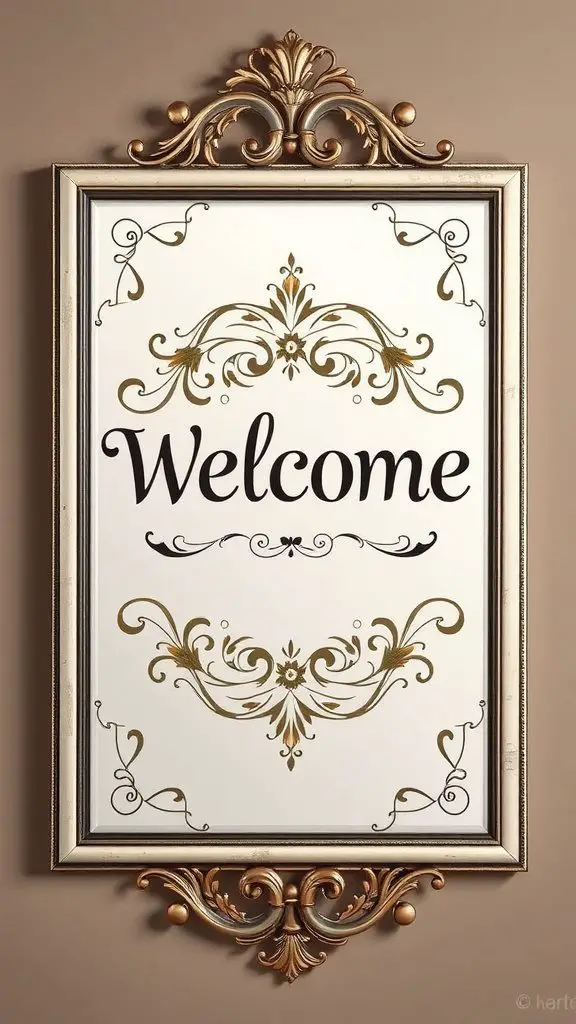 A timeless vintage mirror welcome sign, featuring ornate typography and antique floral decorations. Soft muted tones and a classic aesthetic. Vertical layout, high resolution, and warm lighting.