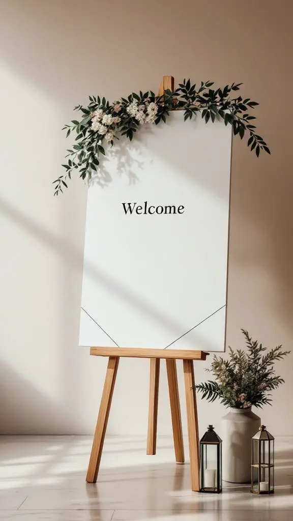 A minimalist wedding welcome sign with a geometric design, adorned with greenery and flowers.