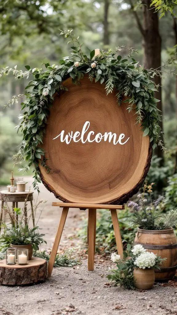 Nature-inspired wooden slab wedding sign with greenery