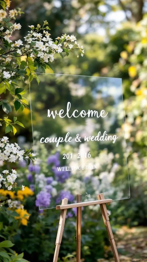 Acrylic wedding sign displayed outdoors with flowers