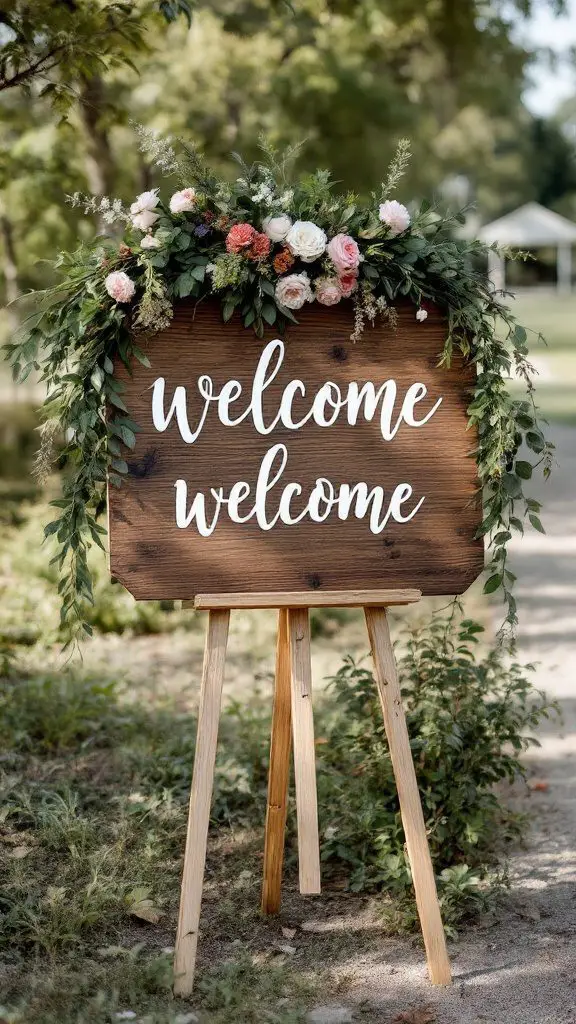 Rustic wooden welcome sign decorated with flowers and greenery