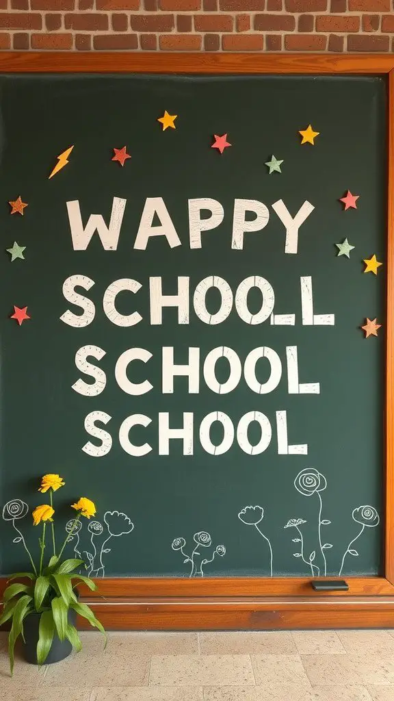 A school board decorated with stars, flowers, and the words 'Wappy School'