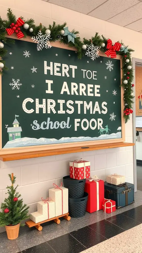 Decorated school board for Christmas with garlands, snowflakes, and presents.