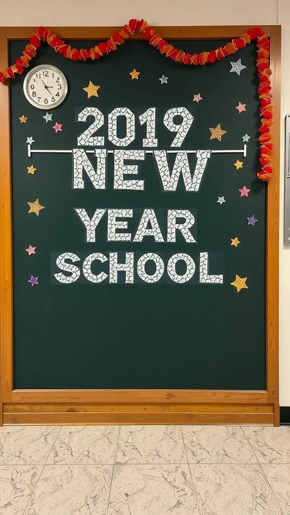 A school board decorated for New Year with colorful letters and stars.