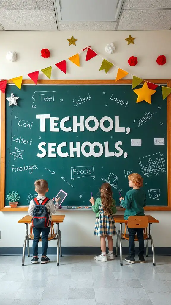 A classroom with a decorated school board and children interacting with it.