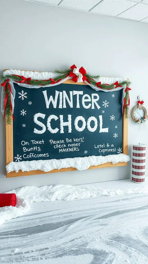 A decorated school board with a winter theme, featuring snow-like decorations and festive colors.