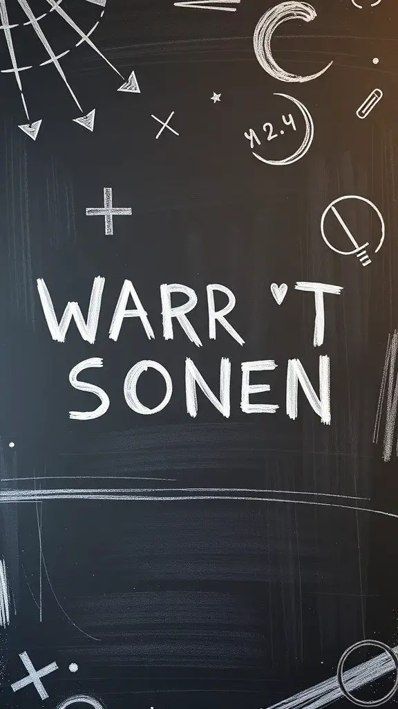 Chalkboard with artistic doodles and text