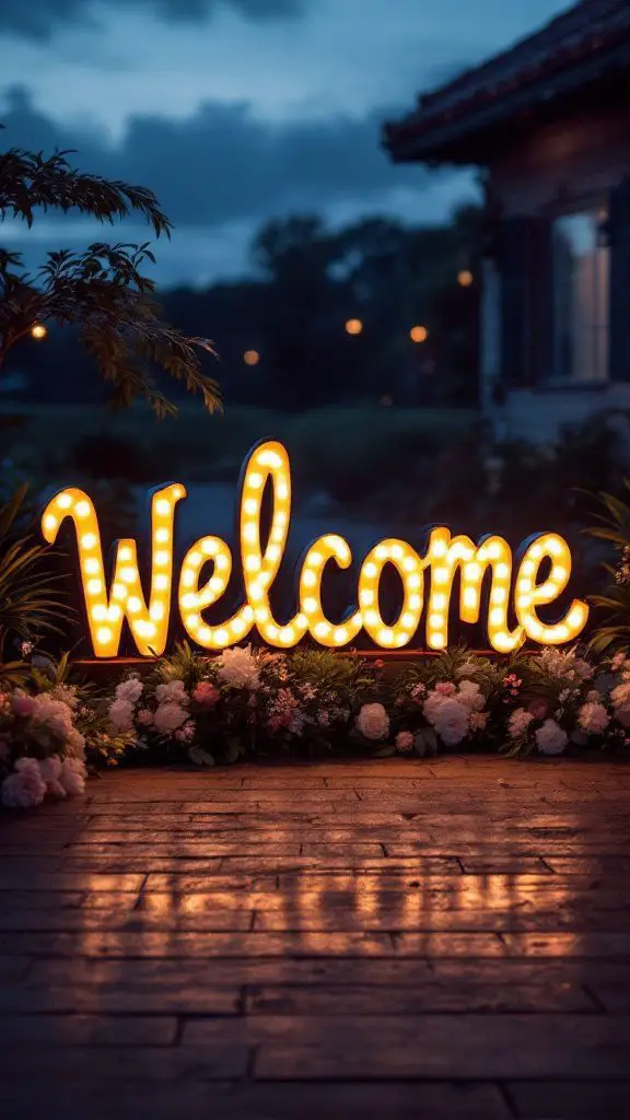 Light-up welcome sign surrounded by flowers in an outdoor setting