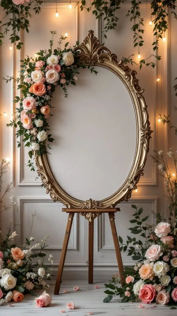 A vintage frame with floral decorations, perfect for a wedding welcome sign.
