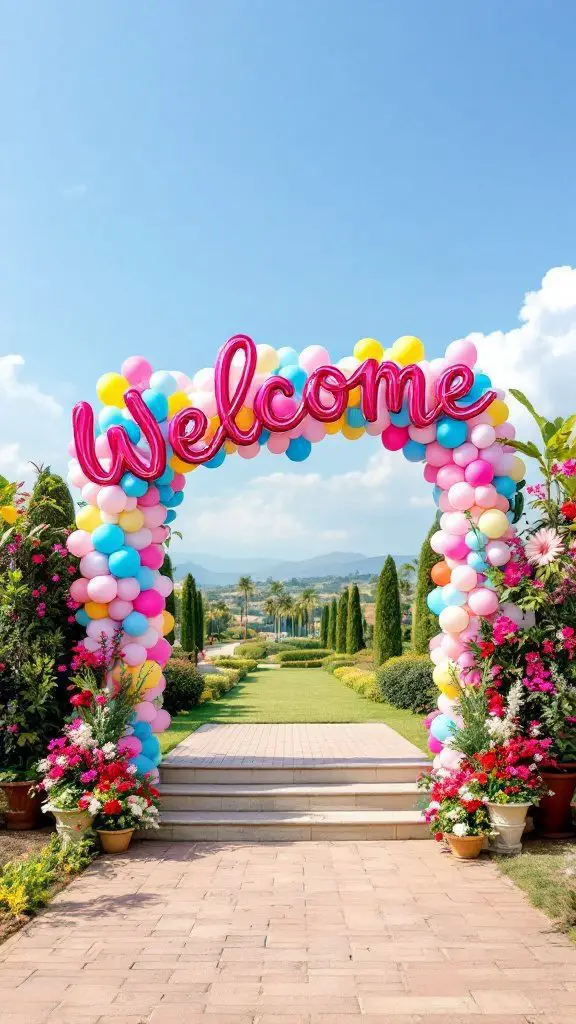 A vibrant balloon arch with flowers, welcoming guests to a wedding venue.