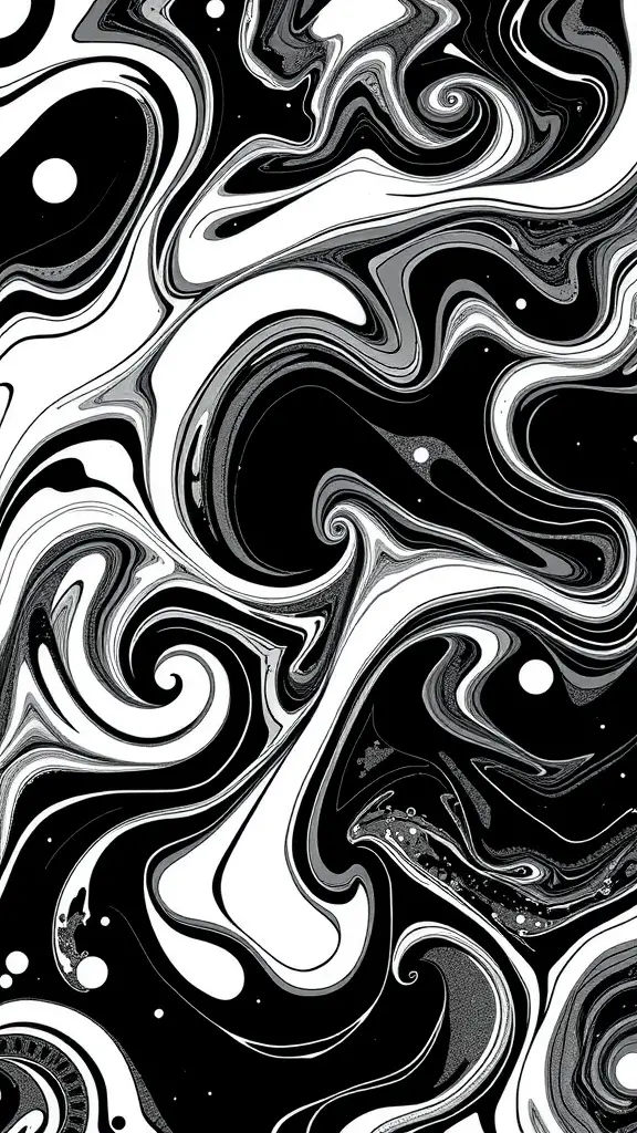 Abstract black and white design with swirling patterns