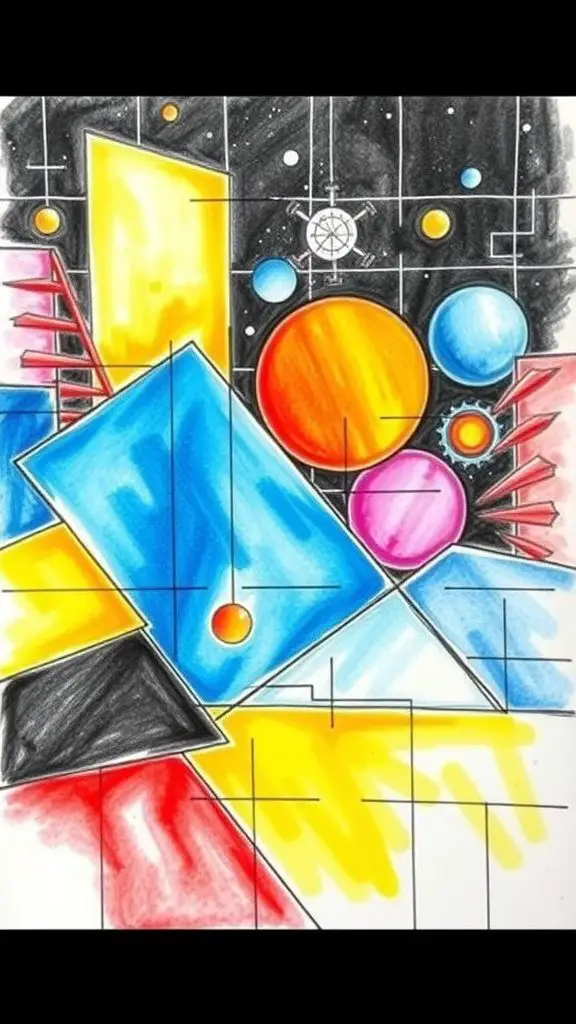 Colorful abstract artwork featuring geometric shapes and vibrant colors