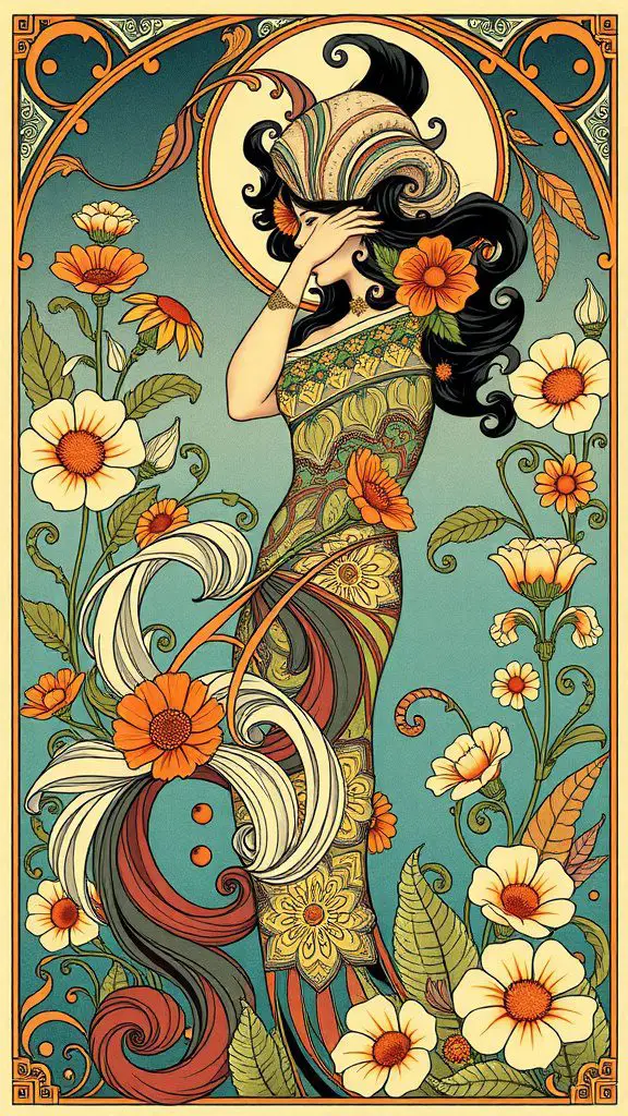 An Art Nouveau poster featuring a stylized woman adorned with flowers and intricate patterns.