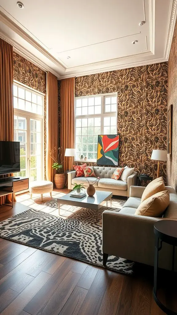 Living room featuring animal print wallpaper, stylish furniture, and vibrant decor.