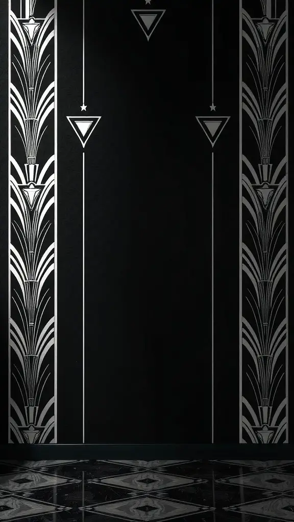 Black and silver Art Deco wallpaper with geometric patterns.