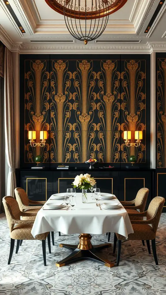 Elegant dining area featuring Art Deco wallpaper with floral patterns and a stylish table setting.