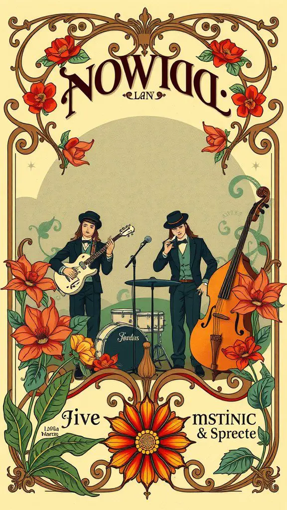 Art Nouveau music poster featuring musicians and floral designs.