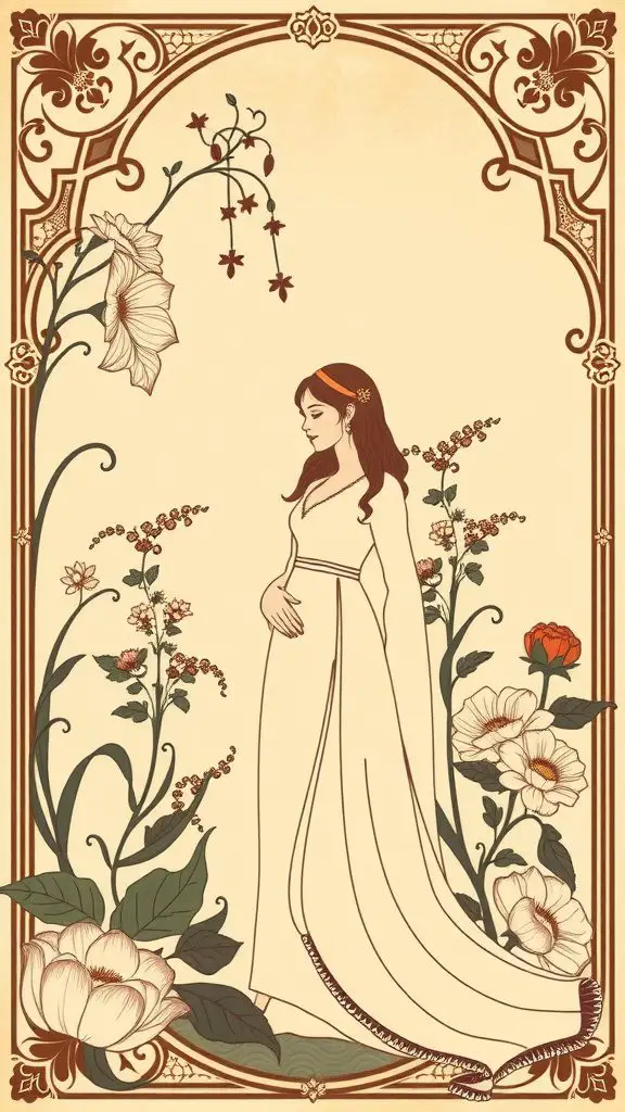 An elegant art nouveau poster featuring a woman surrounded by flowers and intricate designs.