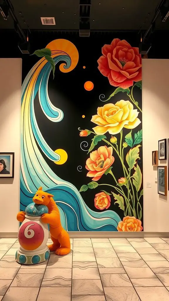 A modern Art Nouveau poster featuring vibrant flowers and playful colors.