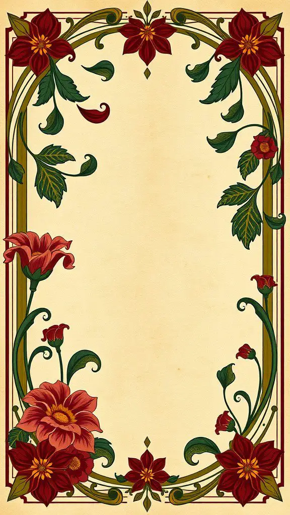 Art Nouveau poster with floral designs and elegant typography.