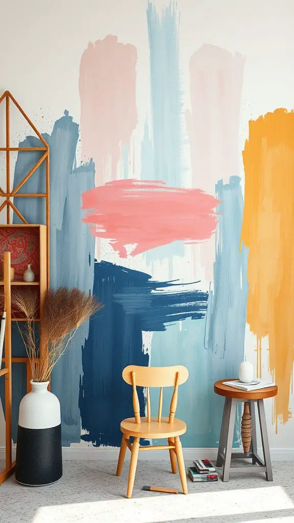 A wall featuring artistic brushstroke designs in various colors, complemented by minimalist furniture.