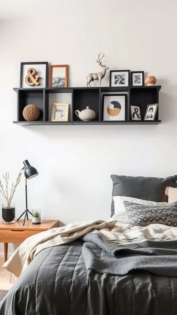 A stylish wall shelf with various decorative items above a neatly made bed.