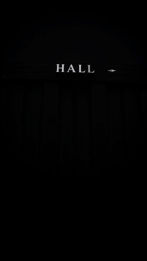 A dark background with the word 'HALL' illuminated