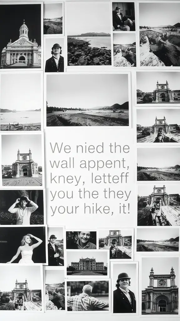 A collage of black and white photographs featuring various scenes and people, arranged on a wall.