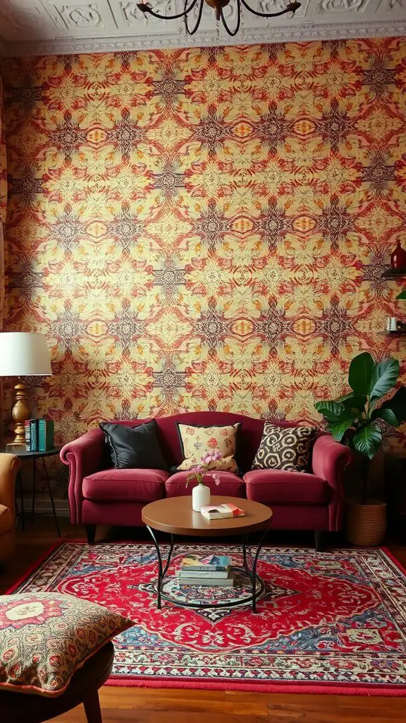 A cozy living room featuring a bohemian tapestry design on the wall with a comfortable sofa and colorful rug.