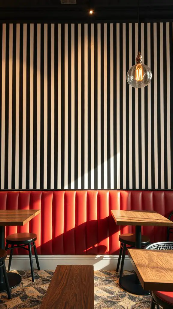 Interior with black and white striped wallpaper and red seating.