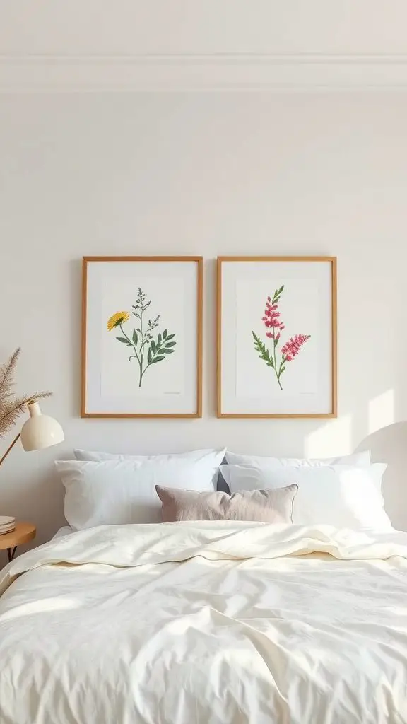 Two botanical prints framed on a wall above a white bed with fluffy pillows.