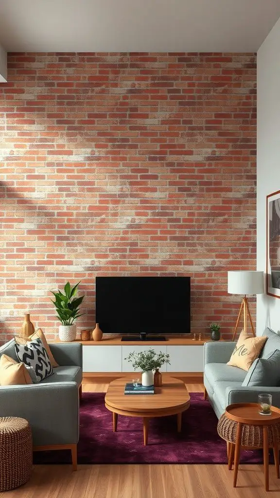 A cozy living room featuring brick wall wallpaper with modern furniture and decor.