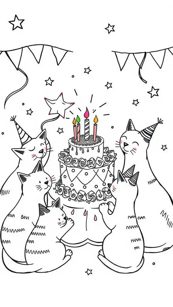 Cats celebrating a birthday with a cake and party hats