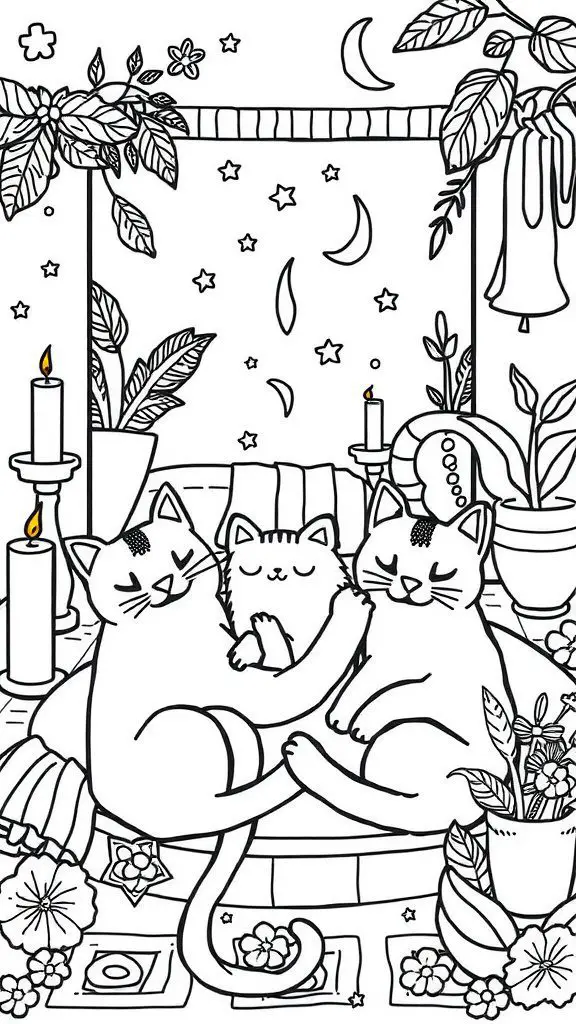 Two cats cuddling with a smaller cat in a cozy spa setting surrounded by plants and candles.